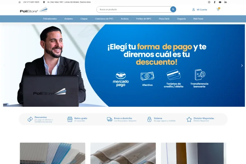 Home de la tienda online PoliStore con banner de medios de pago