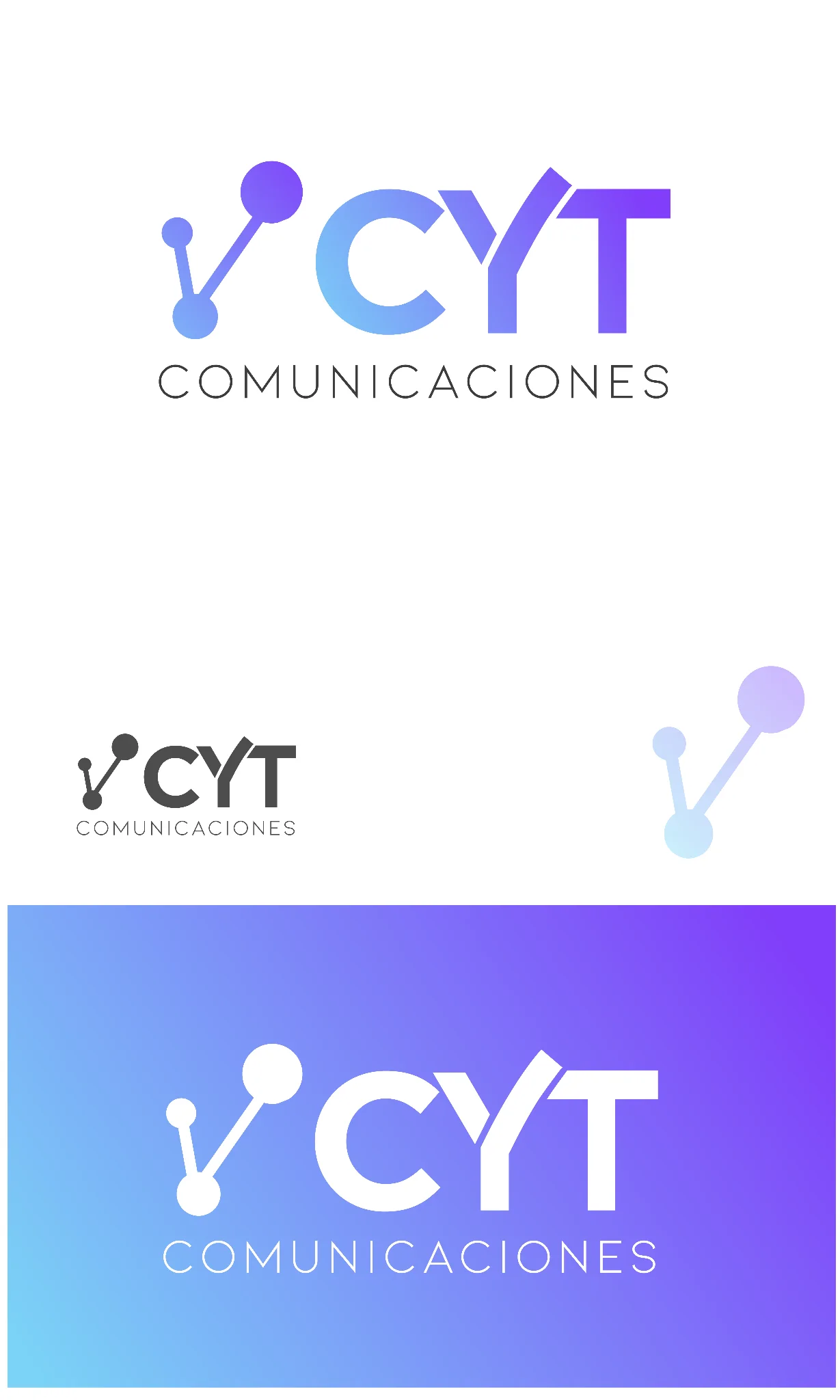 Versiones del logotipo de CYT Comunicaciones sobre distintos fondos