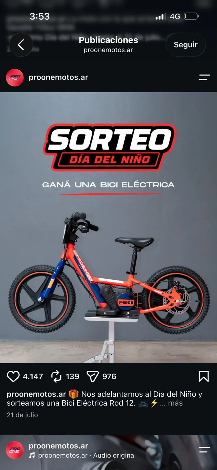 Publicación de PRO ONE: Sorteo Día del Niño: ganá una bici eléctrica