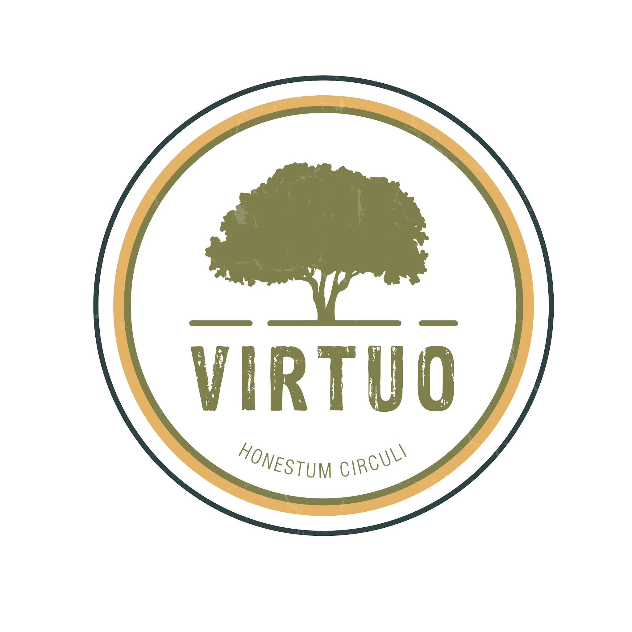 Emblema circular de Virtuo con un árbol y el lema Honestum Circuli