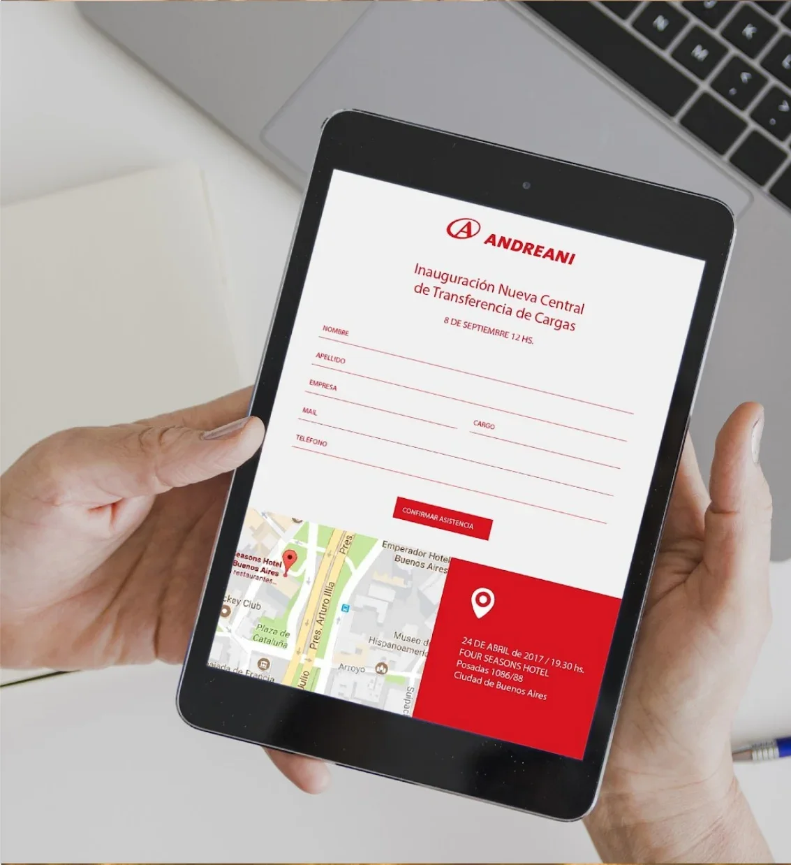 Landing de registro de Andreani en una tablet